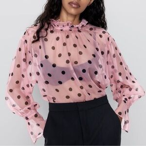 Zara Pink Polka Dot Sheer Blouse Size XL